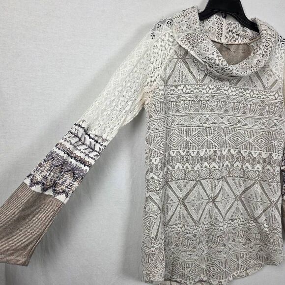 Vanity M Lace Mixed Knit Hoodie Cowl Neck Boho Top - Picture 2 of 8